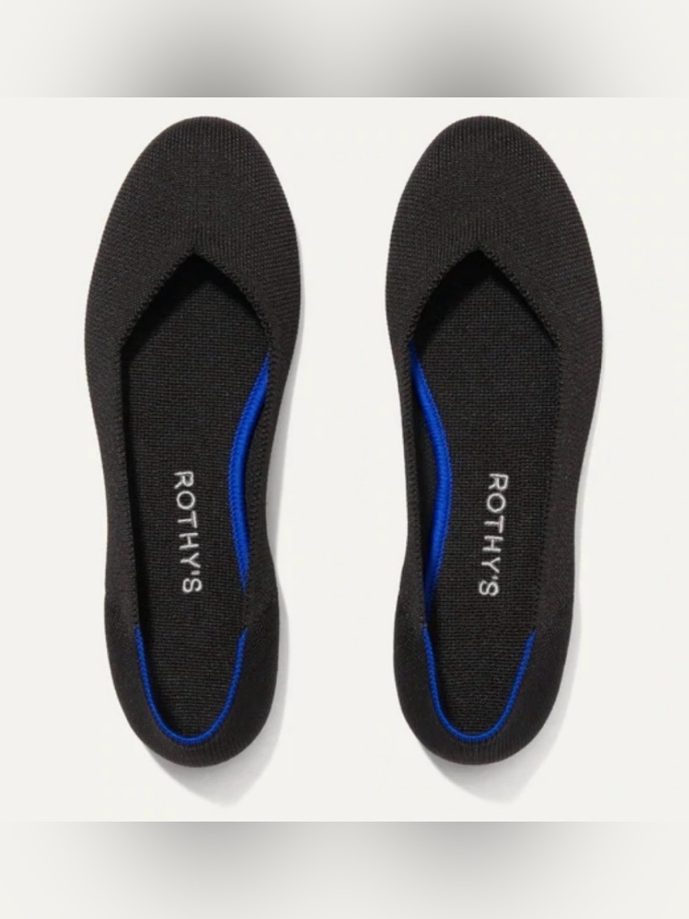 Rothy’s The Flat Black Slip-On Shoe with Cobalt Blue Trim Size 8.5